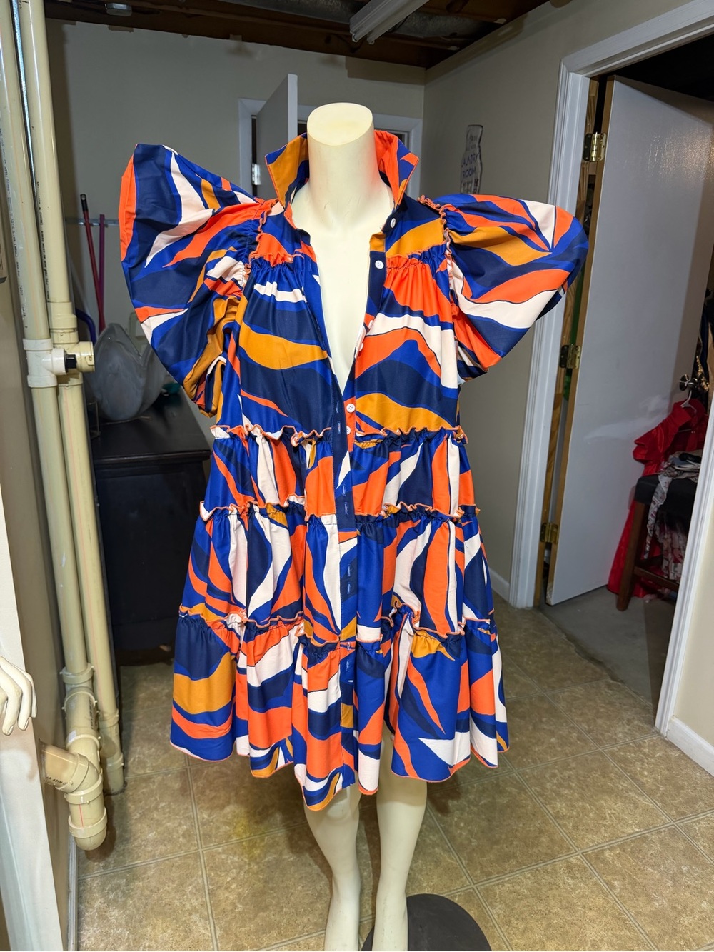 SHEIN Blue, Orange & White Puff-Sleeve Tiered Mini Dress